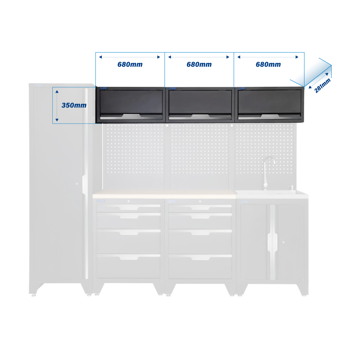 SGS 10pc Modular Garage Storage | 8 Drawers | Plywood Worktop | Tall Single Cabinet | Sink Unit | 3x Upper Cabinets
